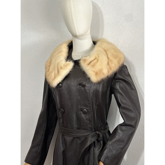 VTG Stunning 70s Leather Fur Funnel High Neck Trench Penny Lane Coat M Brown - Picture 3 of 16